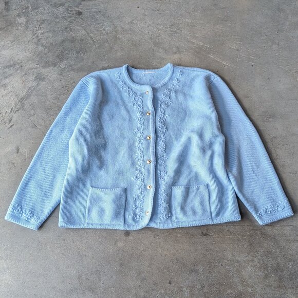 Vintage Classic Elements Blue Floral Crochet Embroidery Cardigan Sweater - Picture 1 of 8